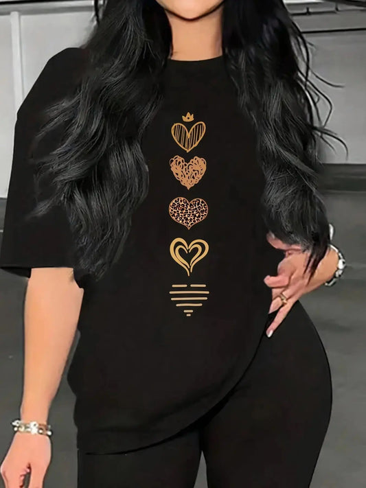 Women'S Heart Print SS T-Shirt: Crew Neck Loose Fit, Moderate Thick Fabric, Breathable Non-Sweaty, Versatile for Commute