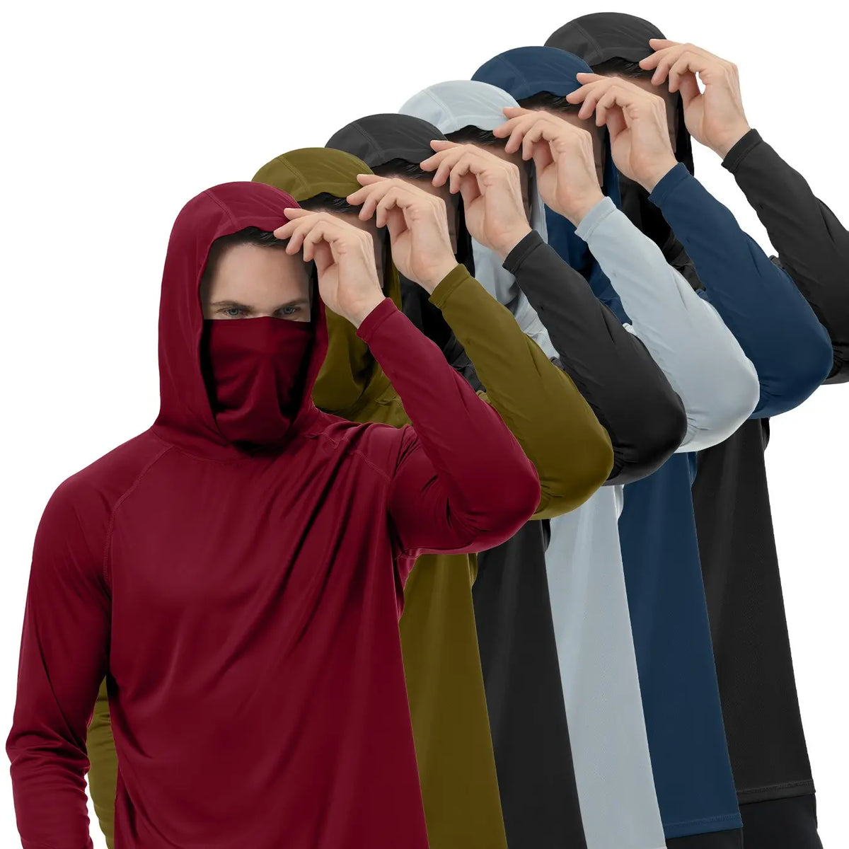 HOVSIYLA 6 Pack Mens Sun Protection Fishing Hoodie with Face Mask Long Sleeve Compression Work Shirt Construction Quick Dry,Travel Essentials,Camping Essentials