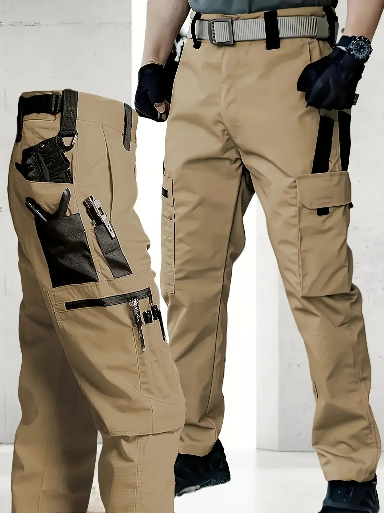 Men'S Durable Outdoor Training Pants, Men'S Multi-Pocket Work Pants, Men'S Solid Color and Printed Pocket Zipper Waterproof Tactical Cargo Pants without Belt, Regular Fit Sports Pocket Durable Autumn Pants. Casual Street Trousers
